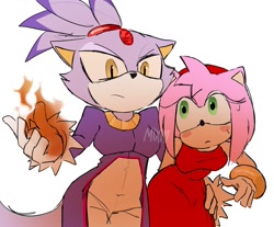Size: 1857x1536 | Tagged: safe, artist:kittyluver_69, amy rose, blaze the cat, cat, hedgehog, 2022, amy x blaze, amy's halterneck dress, blaze's tailcoat, cute, female, females only, flame, hand on hip, lesbian, protecting, shipping