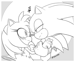 Size: 1667x1368 | Tagged: safe, artist:shiiyou2, amy rose, sonic the hedgehog, amy x sonic, japanese text, shipping, straight