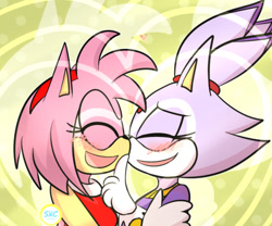 Size: 540x450 | Tagged: safe, artist:silverxcristal, amy rose, blaze the cat, cat, hedgehog, 2018, amy x blaze, amy's halterneck dress, blaze's tailcoat, blushing, cute, eyes closed, female, females only, finger on chin, holding each other, lesbian, shipping