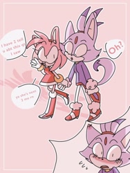 Size: 540x720 | Tagged: safe, artist:artyyline, amy rose, blaze the cat, cat, hedgehog, 2018, amy x blaze, amy's halterneck dress, blaze's tailcoat, blushing, cute, english text, female, females only, holding hands, lesbian, looking at viewer, shipping