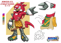 Size: 2048x1448 | Tagged: safe, artist:sonic-heart-of-mobius, knuckles the echidna, echidna, abstract background, alternate universe, au:heart of mobius, character name, english text, frown, logo, looking at viewer, standing