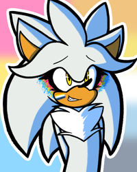 Size: 1638x2048 | Tagged: safe, artist:feeble-minded-little-gay, silver the hedgehog, hedgehog, aro ace pride, facepaint, hands behind back, looking offscreen, makeup, male, outline, pansexual pride, pride, pride flag background, smile, solo