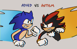 Size: 2048x1308 | Tagged: safe, artist:magsowo, shadow the hedgehog, sonic the hedgehog, hedgehog, sonic prime, adhd, autistic, clenched teeth, duo, english text, male, males only, simple background