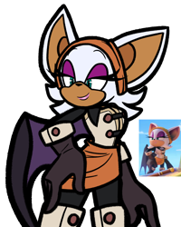Size: 1638x2048 | Tagged: safe, artist:feeble-minded-little-gay, rouge the bat, bat, sonic prime, batten rouge, female, looking offscreen, reference inset, simple background, smile, solo, standing, white background