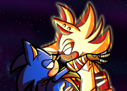 Size: 1762x1259 | Tagged: safe, artist:feeble-minded-little-gay, shadow the hedgehog, sonic the hedgehog, super shadow, hedgehog, abstract background, blushing, duo, ear piercing, gay, holding them, lidded eyes, looking at each other, male, males only, outer space, shadow x sonic, shipping, smile, sonic boom (tv), space, star (sky), super form