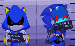 Size: 2048x1278 | Tagged: safe, artist:rozbuns, metal sonic, sonic prime, abstract background, barbie mugshot meme, black sclera, chaos sonic, duo, looking at viewer, meme, mugshot, robot, sparkles, wink