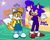 Size: 1308x1058 | Tagged: safe, artist:melcodriggs, miles "tails" prower, sonic the hedgehog, fox, hedgehog, 2023, abstract background, alternate eye color, blue shoes, convenient censoring, dialogue, duo, english text, female, females only, frown, gender swap, overalls, pointing, question mark, standing