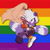 Size: 1500x1500 | Tagged: safe, artist:dawgweazle, tangle the lemur, whisper the wolf, lemur, wolf, 2023, blushing, duo, eyes closed, female, hugging, idw sonic the hedgehog, lesbian, looking at them, one eye closed, pride, pride flag background, shipping, smile, tangle x whisper