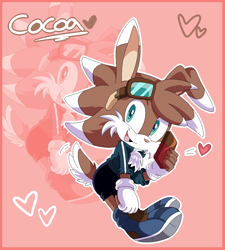Size: 900x1000 | Tagged: safe, artist:sonictheedgehog, oc, oc:cocoa the hedgerabbit, hybrid, 2020, abstract background, boots, character name, child, chocolate, clothes, commission, echo background, goggles, goggles on head, heart, hedgerabbit, holding something, looking at viewer, male, ms paint, outline, smile, solo, tan nose