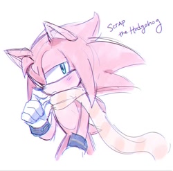 Size: 640x632 | Tagged: safe, artist:lunaerim, oc, oc:scrap the hedgehog, hedgehog, blushing, frown, green eyes, lidded eyes, looking offscreen, male, oc only, pink fur, scarf, simple background, sketch, solo, white background