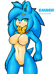 Size: 2292x3006 | Tagged: safe, artist:justtaylor24, oc, oc:ember the hedgehog, hedgehog, 2021, adult, breasts, character name, chest fluff, ear fluff, english text, eyebrow clipping through hair, female, frown, lidded eyes, simple background, solo, standing, white background