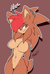 Size: 2256x3320 | Tagged: safe, artist:justtaylor24, oc, oc:alex the hedgehog, hedgehog, 2020, breasts, dyed hair, ear fluff, ear piercing, female, hair over one eye, oc only, outline, red background, shadow (lighting), signature, simple background, smile, solo, standing