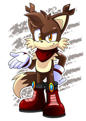 Size: 800x1132 | Tagged: safe, artist:arung98, oc, oc:ford the fox, fox, 2017, abstract background, bandana, boots, brown fur, hand on hip, looking at viewer, male, oc only, orange eyes, outline, smile, solo, standing