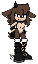Size: 402x673 | Tagged: safe, artist:moving-wine, oc, oc:kory the goat, goat, ambiguous gender, black gloves, boots, brown fur, buckle, horns, lidded eyes, oc only, purple eyes, signature, simple background, smile, solo, standing, transparent background