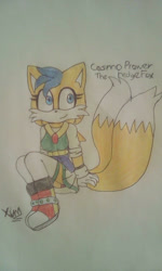Size: 368x613 | Tagged: safe, artist:ximmishyxy, oc, oc:cosmo the hedgefox, hybrid, 2018, blue eyes, boots, character name, clothes, dress, english text, fankid, female, hedgefox, looking offscreen, magical gay spawn, oc only, parent:sonic, parent:tails, parents:sontails, signature, sitting, smile, solo, yellow fur