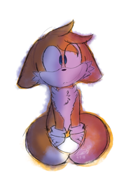 Size: 905x1280 | Tagged: safe, artist:lightningspines, miles "tails" prower, fox, floppy ears, frown, kneeling, looking offscreen, male, simple background, solo, watercolor, white background