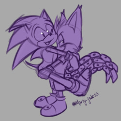 Size: 1024x1024 | Tagged: safe, artist:marty_jade23, miles "tails" prower, nine, sonic the hedgehog, fox, hedgehog, sonic prime, blushing, carrying them, gay, grey background, nine x sonic, one fang, shipping, signature, simple background, sketch, smile, solo, sonic x tails, standing