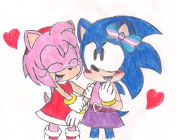 Size: 1407x1124 | Tagged: safe, artist:sparksechidna, amy rose, sonic the hedgehog, hedgehog, 2019, amy x sonic, belt, bisexual, blushing, bow, cute, duo, eyes closed, female, females only, half r63 shipping, heart, holding another's arm, lesbian, shipping, shirt, skirt, smile, standing, traditional media, trans female, transgender