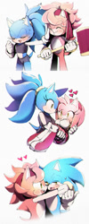 Size: 850x2118 | Tagged: safe, artist:rellyia, amy rose, sonic the hedgehog, hedgehog, 2019, amy x sonic, blushing, carrying them, duo, female, gay, half r63 shipping, heart, holding something, lesbian, male, piko piko hammer, shipping, simple background, standing, straight, sweatdrop, white background