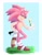 Size: 1329x1718 | Tagged: safe, artist:soso713705, sonic the hedgehog, oc, oc:sakura sonic, hedgehog, 2018, blue background, border, color swap, daisy (flower), eyes closed, flower, fluffy, grass, hand on hip, holding something, lineless, male, outdoors, pink fur, signature, simple background, smile, solo, standing