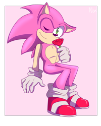 Size: 2000x2500 | Tagged: safe, artist:brendaattilio, sonic the hedgehog, oc, oc:sakura sonic, hedgehog, 2018, color swap, flower, holding something, looking at viewer, male, pink background, pink fur, rose, semi-transparent background, simple background, sitting, smile, solo, wink