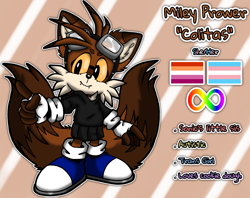Size: 3921x3112 | Tagged: safe, artist:taeko, miles "tails" prower, oc, oc:miley "colitas" prower, fox, abstract background, alternate universe, autism symbol, autistic, blue shoes, brown fur, character name, english text, fangs, female, fingerless gloves, fluff, goggles, hoodie, lesbian, mobius.social exclusive, nickname, outline, pride flag, pronouns, redesign, reference sheet, skirt, smile, solo, standing, striped background, trans female, transgender, yellow sclera
