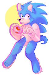 Size: 807x1201 | Tagged: safe, artist:azuredreamrealm, sonic the hedgehog, hedgehog, 2018, barefoot, cheek fluff, chest fluff, claws, cute, donut, ear fluff, fluff, food, gloves off, holding something, looking offscreen, male, pawpads, semi-transparent background, sitting, smile, solo, sonabetes, sprinkles, tongue out