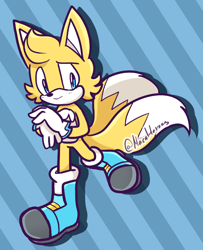 Size: 612x755 | Tagged: safe, artist:miracletails, skye prower, fox, abstract background, hands together, male, shadow (lighting), smile, solo, standing on one leg, striped background, two tails