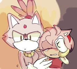 Size: 540x482 | Tagged: safe, artist:korbydaze, amy rose, blaze the cat, cat, hedgehog, 2016, amy x blaze, amy's halterneck dress, angry, blaze's tailcoat, comforting, crying, cute, female, females only, lesbian, protecting, shipping