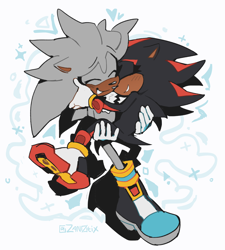 Size: 2048x2276 | Tagged: safe, artist:zan0tix, shadow the hedgehog, silver the hedgehog, abstract background, blushing, cute, duo, eyes closed, gay, heart, holding each other, hugging, male, males only, shadow x silver, shadowbetes, shipping, silvabetes, smile