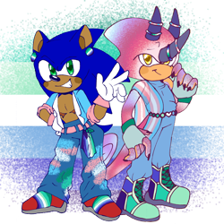 Size: 1280x1280 | Tagged: safe, artist:capnkincuk, espio the chameleon, sonic the hedgehog, hedgehog, chameleon, clothes, duo, ear piercing, gay, looking at viewer, male, males only, mlm pride, pride, pride flag, pride flag background, semi-transparent background, shipping, smile, sonespio, standing, top surgery scars, trans male, trans pride, transgender, v sign