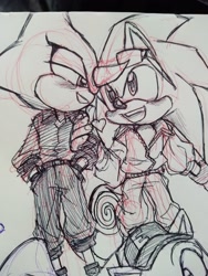 Size: 1560x2080 | Tagged: safe, artist:montydrswsstuff, espio the chameleon, sonic the hedgehog, hedgehog, blushing, chameleon, clothes, duo, gay, heart, looking at each other, shipping, sketch, smile, sonespio, standing, sunglasses, traditional media