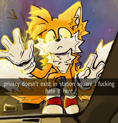 Size: 1278x1335 | Tagged: safe, artist:eloaholiveira, miles "tails" prower, fox, caption, car, english text, frown, male, meme, redraw, solo, spiked fur, station square, yellow sclera