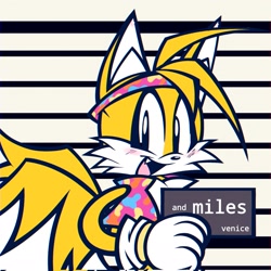 Size: 2048x2048 | Tagged: safe, artist:pinklapony_, miles "tails" prower, fox, abstract background, barbie mugshot meme, blushing, clothes, holding something, looking at viewer, male, meme, mouth open, mugshot, smile, solo