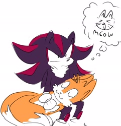 Size: 1975x2048 | Tagged: safe, artist:konicunai, miles "tails" prower, shadow the hedgehog, fox, hedgehog, 2022, duo, frown, gay, lying on them, male, males only, shadails, shipping, simple background, sitting, sleeping, smile, thinking, thought bubble, white background