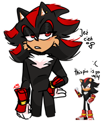 Size: 1668x2000 | Tagged: safe, artist:matrix--lazy, shadow the hedgehog, hedgehog, ear piercing, eyelashes, hand on hip, lidded eyes, looking offscreen, male, redraw, reference inset, signature, simple background, solo, sonic boom (tv), standing, white background