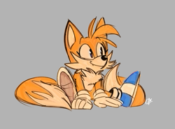 Size: 1986x1468 | Tagged: safe, artist:candyypirate, miles "tails" prower, fox, blue shoes, cute, eyelashes, grey background, looking offscreen, male, one fang, simple background, sitting, solo