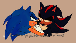 Size: 2048x1176 | Tagged: safe, artist:candyypirate, shadow the hedgehog, sonic the hedgehog, hedgehog, beige background, bust, dialogue, duo, english text, frown, gay, lidded eyes, looking at each other, male, males only, shadow x sonic, shipping, signature, simple background