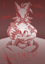 Size: 1754x2480 | Tagged: safe, artist:asunnydreamer, miles "tails" prower, sonic the hedgehog, fox, hedgehog, sonic forces, alternate universe, au:infinite tails, dialogue, duo, english text, gradient background, hands on another's face, infinite tails, infinite's mask, male, males only, phantom ruby, wrapped in tails