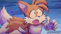 Size: 1750x988 | Tagged: safe, artist:superbutterscotch, miles "tails" prower, fox, sonic the ova, abstract background, blushing, looking offscreen, male, mouth open, redraw, signature, solo, standing, sweatdrop, worried