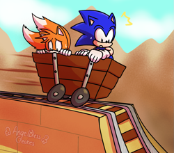 Size: 911x800 | Tagged: safe, artist:doodlebless, miles "tails" prower, sonic the hedgehog, fox, hedgehog, underground zone, abstract background, classic sonic, classic tails, duo, looking down, male, males only, minecart, scared, signature, sonic the hedgehog 2 (8bit), sweatdrop