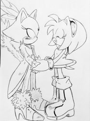 Size: 540x724 | Tagged: safe, artist:smsskullleader, amy rose, blaze the cat, cat, hedgehog, 2020, amy x blaze, amy's halterneck dress, blaze's tailcoat, blushing, cute, eyes closed, female, females only, holding hands, lesbian, shipping, sketch, traditional media