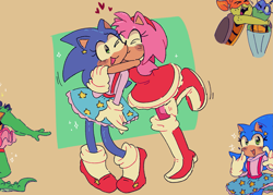 Size: 1545x1109 | Tagged: safe, artist:mushtoons, amy rose, sonic the hedgehog, hedgehog, abstract background, amy x sonic, blushing, dress, duo, eyes closed, female, females only, gender swap, half r63 shipping, heart, holding them, lesbian, one eye closed, shipping, smile, sparkles, standing