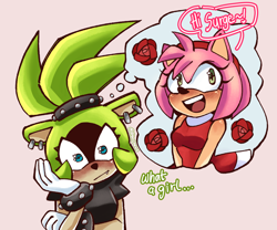 Size: 2048x1707 | Tagged: safe, artist:akarisandraws, amy rose, surge the tenrec, beige background, blushing, crush, dialogue, english text, female, females only, head rest, lesbian, rose, shipping, simple background, solo, surgamy, thinking, thought bubble