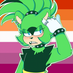 Size: 1200x1200 | Tagged: safe, artist:arrowsperpetualcringe, surge the tenrec, blushing, female, icon, lesbian, lesbian pride, lidded eyes, looking offscreen, mouth open, outline, pride, pride flag, pride flag background, solo