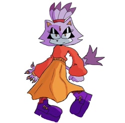 Size: 828x818 | Tagged: safe, artist:spookiigrove, blaze the cat, cat, alternate outfit, boots, dress, female, frown, lesbian, lidded eyes, looking at viewer, pawpads, simple background, solo, standing, sweater, white background
