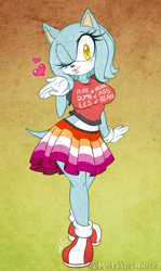 Size: 1223x2048 | Tagged: safe, artist:metalpandora, oc, oc:skye the hedgehog, hedgehog, abstract background, blue fur, crop top, english text, female, heart, lesbian, lesbian pride, looking at viewer, oc only, pride, signature, skirt, solo, standing, trans female, transgender, wink, yellow eyes