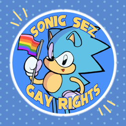 Size: 1080x1080 | Tagged: safe, artist:artfromars, sonic the hedgehog, hedgehog, abstract background, alternate version, classic sonic, english text, flag, gay pride, gay rights, holding something, male, pride, pride flag, solo, sonic says