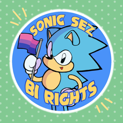 Size: 1080x1080 | Tagged: safe, artist:artfromars, sonic the hedgehog, hedgehog, abstract background, alternate version, bi rights, bisexual pride, classic sonic, english text, flag, holding something, male, pride, pride flag, solo, sonic says