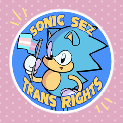 Size: 1080x1080 | Tagged: safe, artist:artfromars, sonic the hedgehog, hedgehog, abstract background, alternate version, classic sonic, english text, flag, holding something, male, pride, pride flag, solo, sonic says, trans pride, trans rights